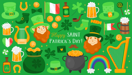 Collection of colorful illustrations for Saint Patrick's day. Traditional holiday of Ireland. Leprechaun, clover leaf, rainbow, pot, gold coin, harp, beer on a green background. Symbols of luck.
