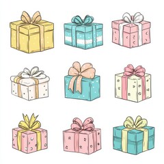 A festive assortment of modern cartoon Christmas stickers, featuring gift boxes in blue, orange, red, and white with snowflake designs, arranged on a white background for holiday and New Year decor