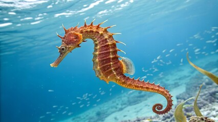 Fototapeta premium Seahorse's Underwater Ballet: A vibrant seahorse gracefully navigates the crystalline depths of the ocean. Capturing its unique form and the serene beauty of its underwater realm.