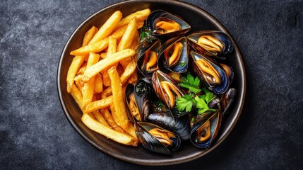 Delicious Mussels Served with Crispy French Fries on Dark Plate