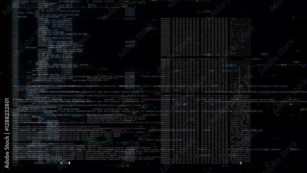 Poster continuous running digital parameters on dark background with bright pixels and glitch matrix effect