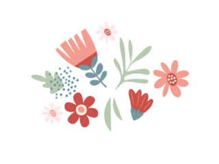 A modern interpretation of cartoon flowers incorporating geometric shapes and bold designs. easter and spring time