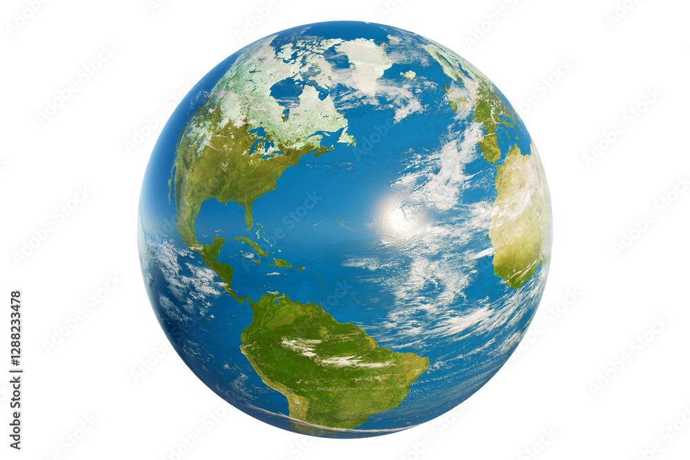 Poster earth globe with vibrant colors representing land and water, symbolizing global unity and environmen