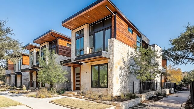modern townhomes with stone and wood exterior