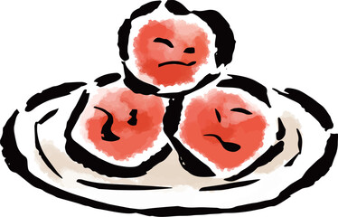 皿に乗った3つの梅干し　筆タッチ手描きイラスト