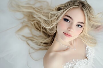 A beautiful blonde woman in a white wedding dress and gloves, posing for the camera with her hair styled in an elegant updo.