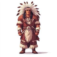 Obraz premium A white-background cartoon featuring a Native American chief in full length, adorned with feathers