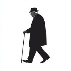 A scarf-wearing grandfather, smiling and cheerful, walks with a cane. The old man is illustrated in black on a white background