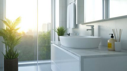 Fototapeta premium bright and airy minimalist bathroom featuring sleek white vanity, modern basin, and lush greenery. sunlight filters through large windows, creating serene atmosphere