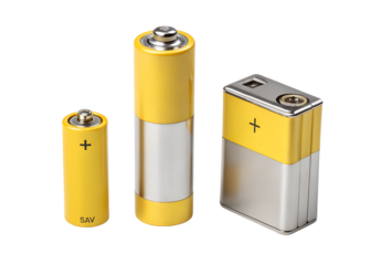 Assorted Rechargeable Batteries on White Background, batteries, rechargeable, assorted, white, power, energy, yellow, silver, electronic, durable, reliable, portable, modern, technology, charge