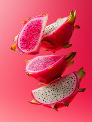 Slices of dragon fruit suspended against a pink background