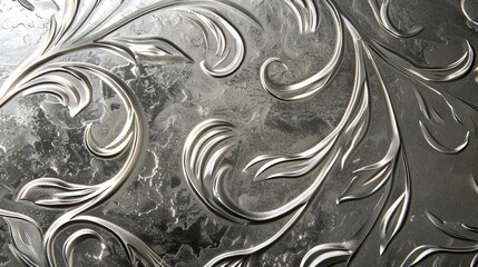 Close-up of a metallic surface with an engraved floral design.