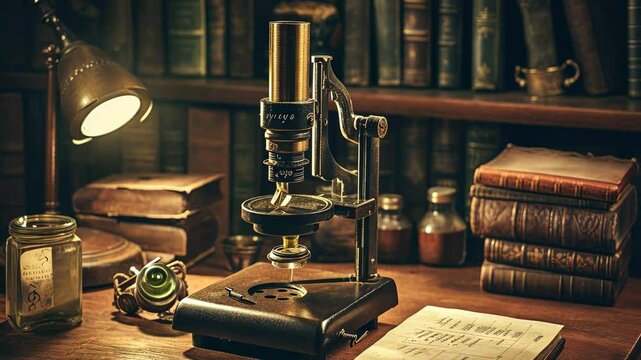 A vintage-style interior featuring an antique microscope set on a wooden table surrounded by old books, jars, and a lamp, creating a nostalgic atmosphere in a dimly lit study room
