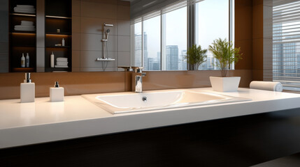 Modern bathroom with sleek design, large window, and city view