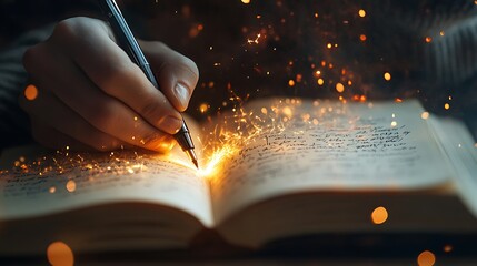 Hand writing in an old book with magical sparks.