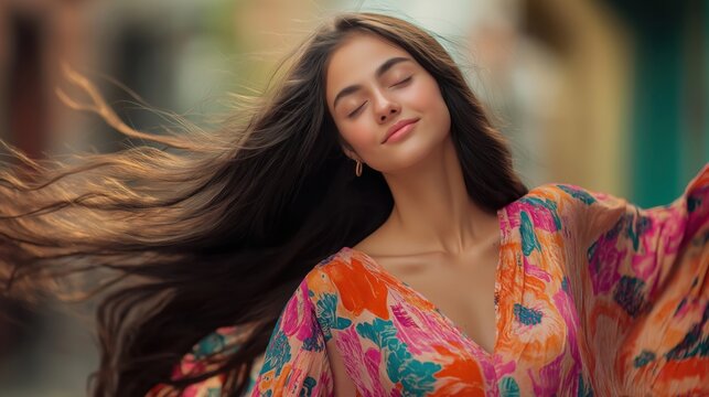 portrait of a young woman with long, flowing hair. She is wearing a colorful dress with a floral pattern in shades of orange, pink, and blue. The dress is flowing in the wind, creating a sense of