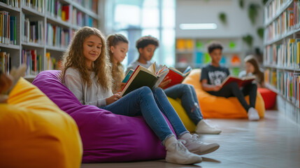 Students Reading on Colorful Bean Bags in Modern School Library