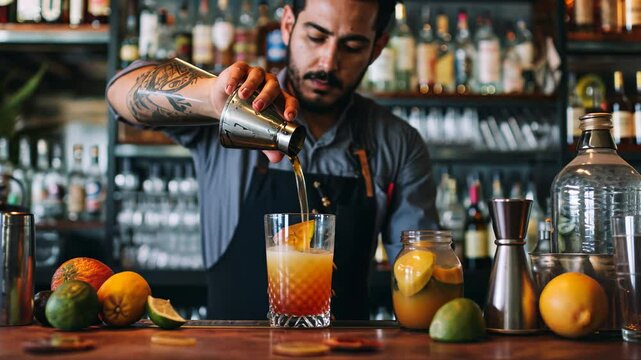 A skilled bartender pours a vibrant cocktail at a lively bar filled with various liquors during the bustling evening hours