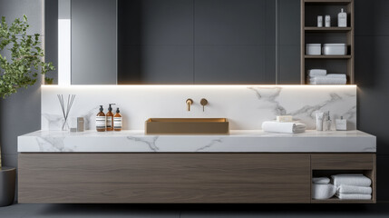refined bathroom interior featuring marble countertop, modern sink, and elegant decor. warm lighting enhances serene atmosphere, perfect for relaxation