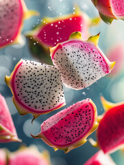 Colorful dragon fruit slices floating in the air