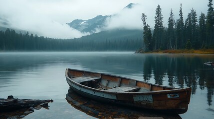 Obraz premium Misty mountain lake with wooden boat