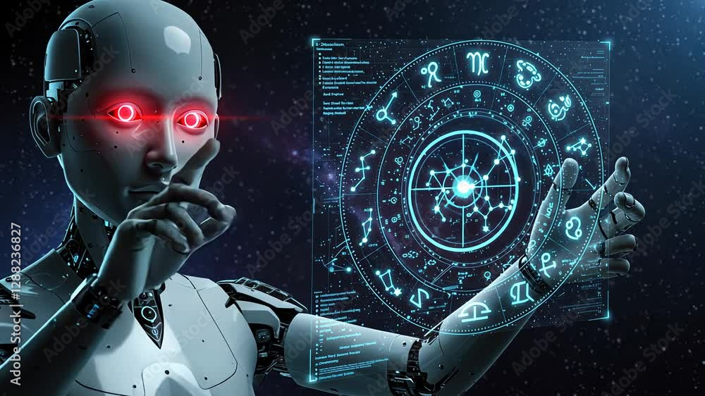 Poster futuristic ai robot analyzing astrology chart with glowing holographic display. artificial intellige
