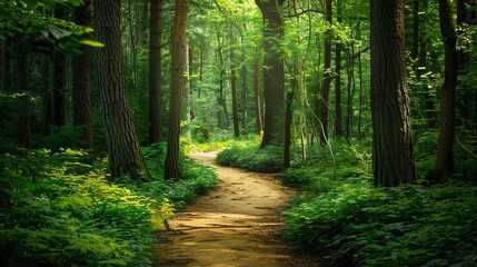 Obraz premium A dirt path winds through a lush green forest.