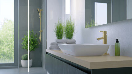 Fototapeta premium modern powder room featuring sleek sink, gold faucet, and lush greenery. minimalist design creates serene atmosphere, perfect for relaxation and rejuvenation