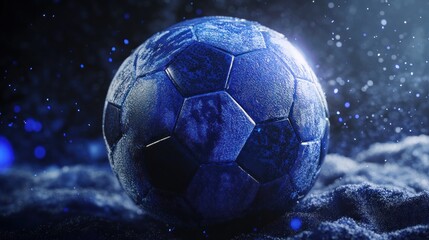 Blue soccer ball in snow, winter sports concept.