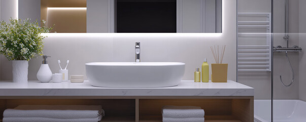 Modern bathroom with elegant sink, fresh flowers, and stylish decor