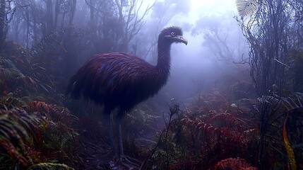 Misty Rainforest Encounter with Emu-like Bird