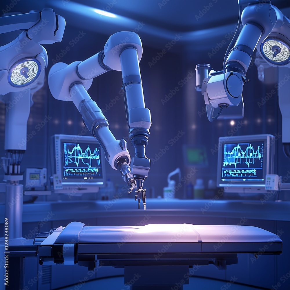 Poster robotic arms in a futuristic lab setting photorealistic image of a robotic surgical system performin