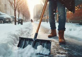 Ein Mann mit einer Schneeschaufel schiebt den Schnee von der Stra&szlig;e, Gehweg, close-up, copy space