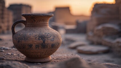 An ornate clay vase stands amidst ancient ruins, bathed in the warm light of sunset.