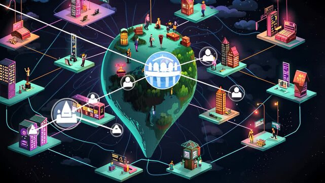 A visual representation of a virtual private network illustrating connections between various nodes on a globe with urban landscapes, depicting data flow and security measures in modern networking