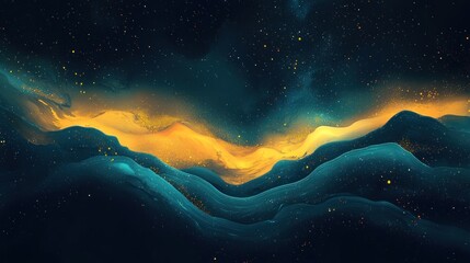 Fototapeta premium Celestial Landscape: A Dreamlike Vista of Golden and Teal Mountains Under a Starry Sky
