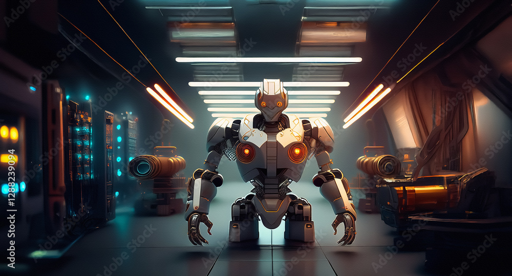 Leinwandbilder futuristic robot stands in a dimly lit corridor with glowing lights. metallic humanoid figure in a s