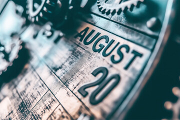 A close-up of a calendar page showing the date August 20, emphasizing the passage of time. The blurred background adds depth and highlights the calendar's importance.