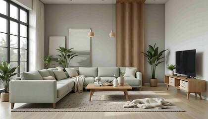 Green sofa and decor in living room on transparent background.3d rendering