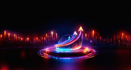 Vibrant light trails form arrows ascending from a glowing circular base, set against a stark dark backdrop. The scene conveys motion and futuristic energy.