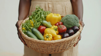 Fototapeta premium Fresh produce selection from a local farmers market displayed in a woven basket held by hands