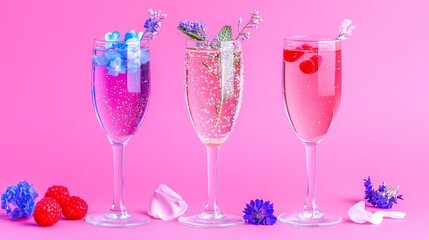 refreshing floral cocktails on pink background
