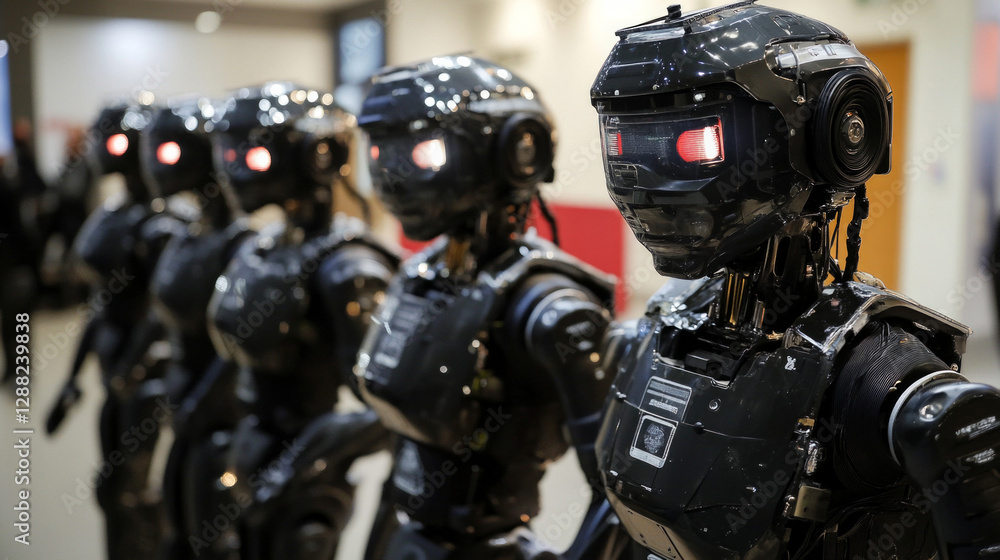 Poster futuristic ai humanoid robots lined up showcasing advanced technologies in a modern exhibit space
