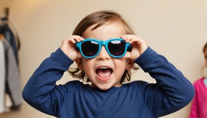 Child making funny face while trying on oversized sunglasses