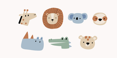 Cute African Safari animals flat style. Childish rhinoceros, giraffe, leopard, crocodile, koala. Kids vector illustrations isolated on white background