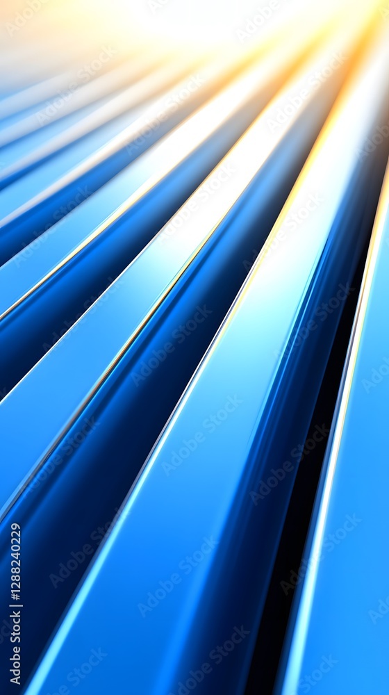 Poster Blue metallic strips reflecting sunlight create a striking visual effect in an abstract setting