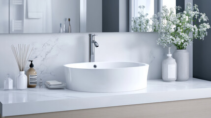 Fototapeta premium modern luxury bathroom featuring sleek white vanity sink, elegant decor, and fresh flowers. serene atmosphere is enhanced by minimalist design and soft lighting