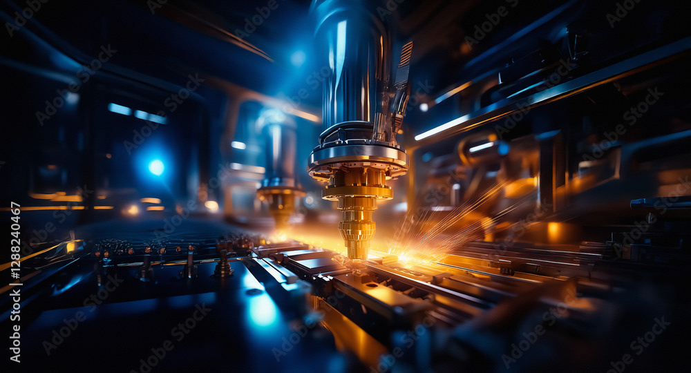 Aufkleber futuristic industrial scene: robotic arms precisely working on electronics with sparks and lights. d