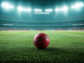 Red Cricket Ball on Grass Field with Live Streaming Concept