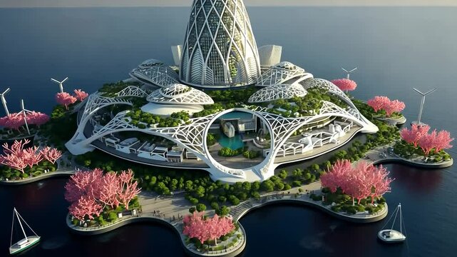 Innovative floating city with futuristic skyscrapers and renewable energy. Sustainable architecture, ocean conservation, smart urban planning, green technology, self-sufficient ecosystem.